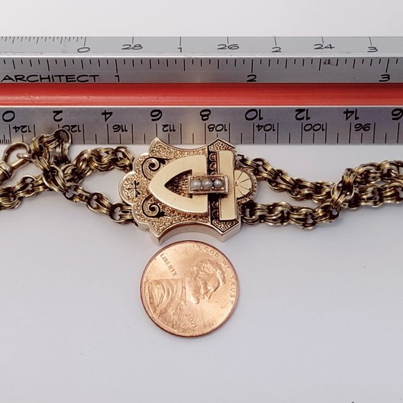 Solid 14k Victorian Seed Pearl Enamel Slide Pendant 30" Handmade Chain Necklace - Picture 7 of 9